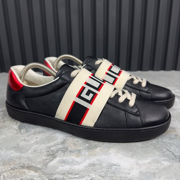 Gucci Ace Stripe Sneakers Black Leather 7.5 G or 8 US or 41.5 EUR - Picture 3 of 16